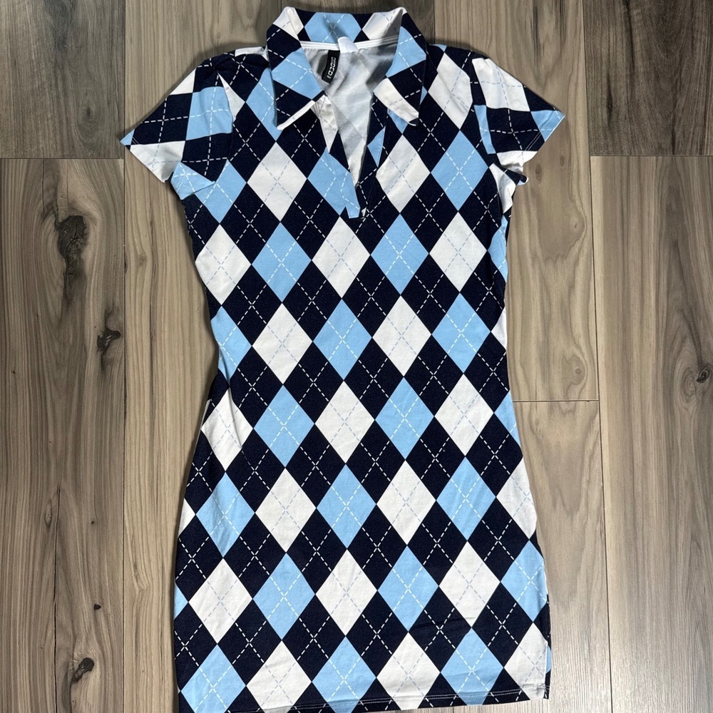 HM Divided Argyle Polo Dress Navy Blue White Short Sleeve Mini Bodycon Preppy